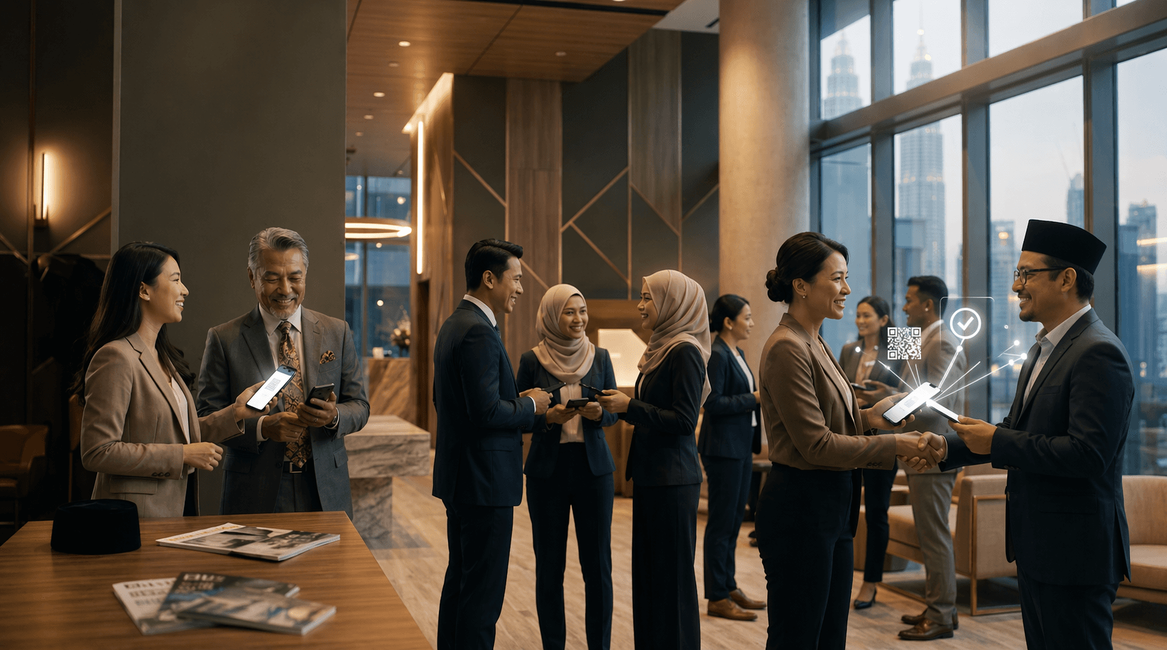Business professionals exchanging digital contact details in a Kuala Lumpur office